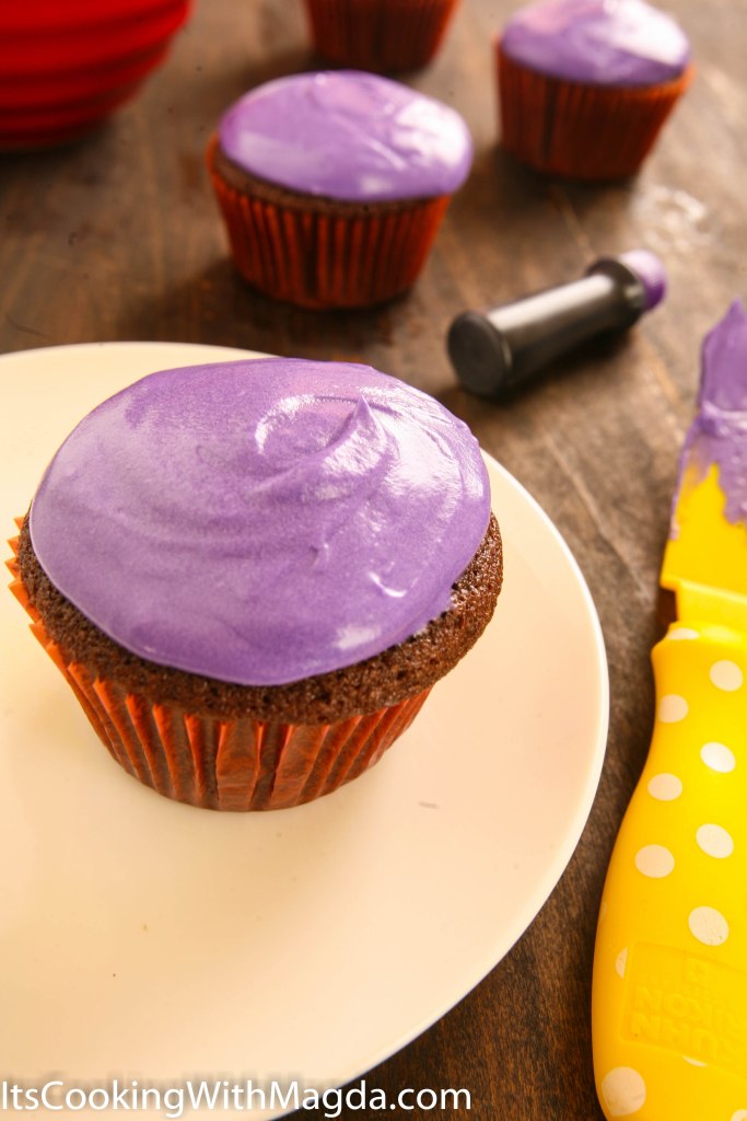 chocolate cupcake with purple frosting