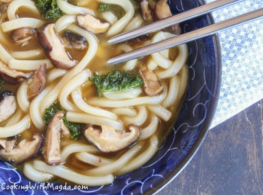 udon noodles, shiitake mushrooms, greens